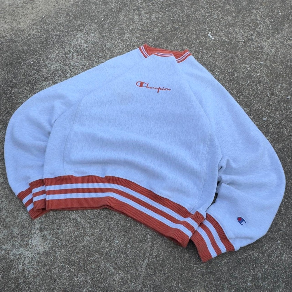 Y2K Champion Reverse Weave Texas College Style Crewneck White Orange Mens S D3